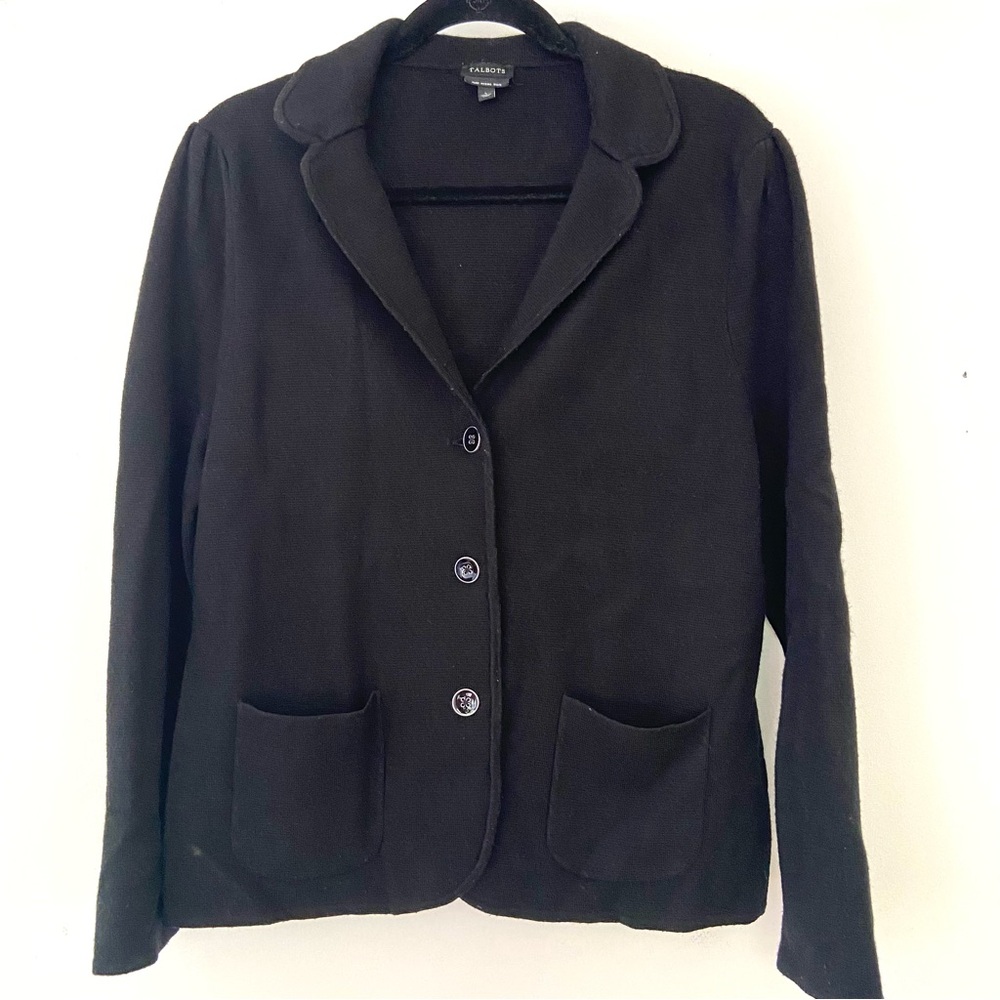 Talbots Sweater Blazer Size Large Black Merino Wool Knit Career Office Business